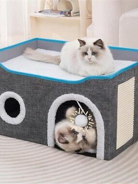 Cat House for Indoor Cats Large Cat Bed Condo Cave with Scratch Pad Fluffy Ball